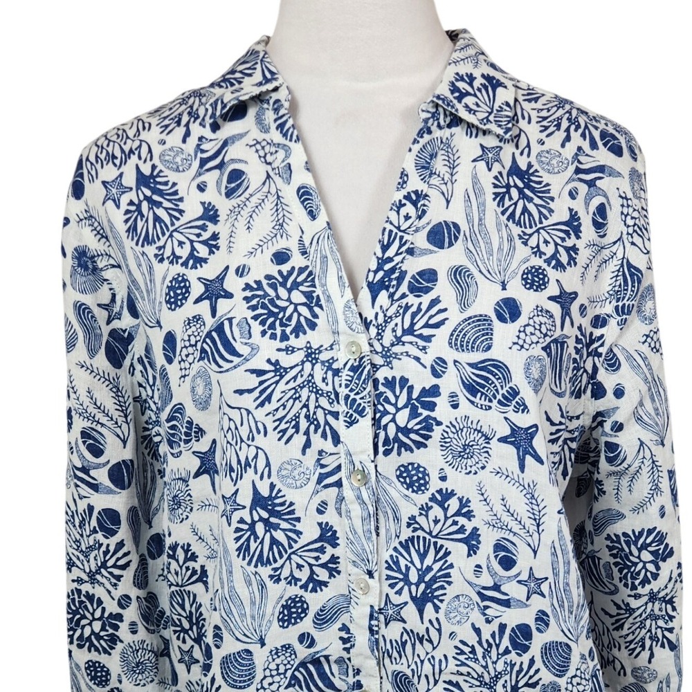 Sigrid Olsen Womens Top Blue White Coral Sea Life Print 100% Linen Button Down L